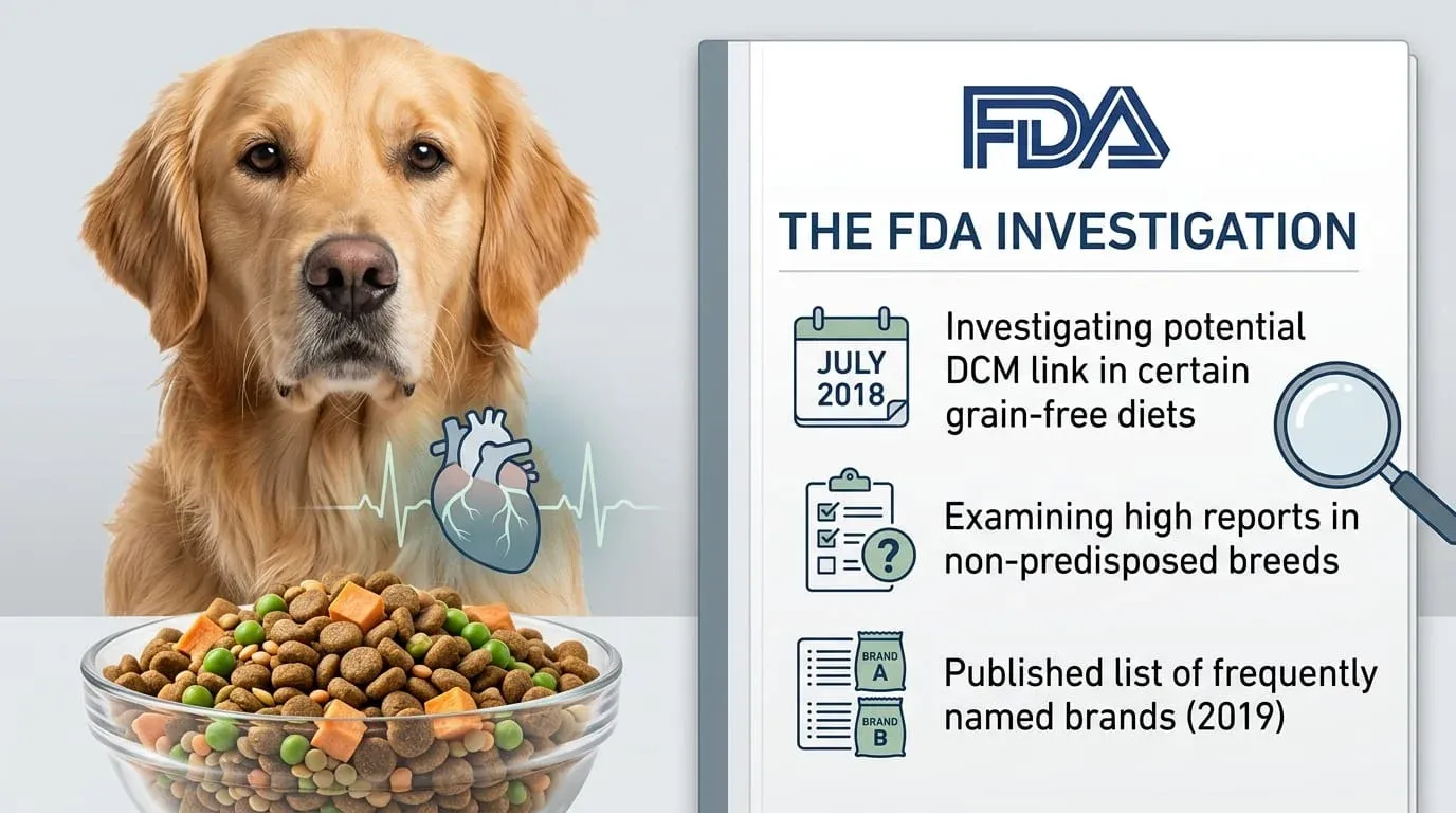 In July 2018, the U.S. Food and Drug Administration (FDA) announced it was investigating a potential link between certain grain-free diets and canine dilated cardiomyopathy (DCM), a serious and potentially fatal heart condition in which the heart muscle weakens and enlarges, reducing its ability to pump blood effectively.