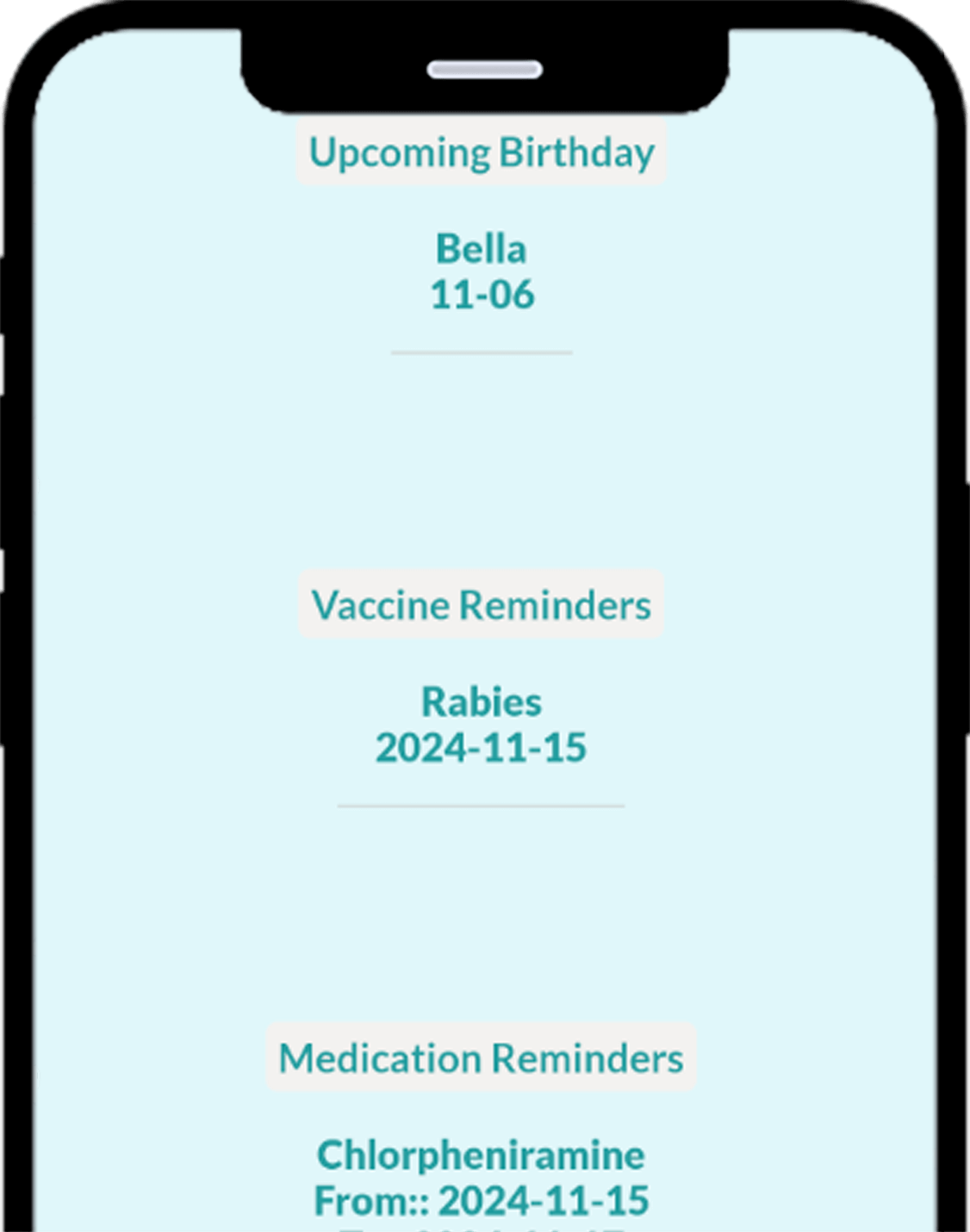 Vet Record pet medical records screen with health history