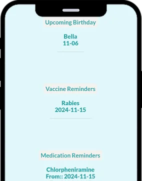 Vet Record pet medical records screen with health history