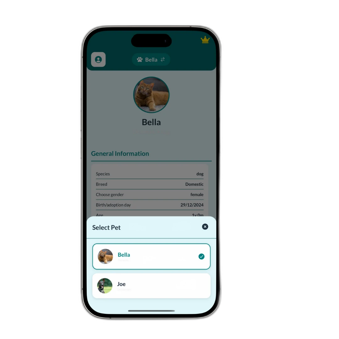 Vet Record mobile app interface for managing dog and cat health